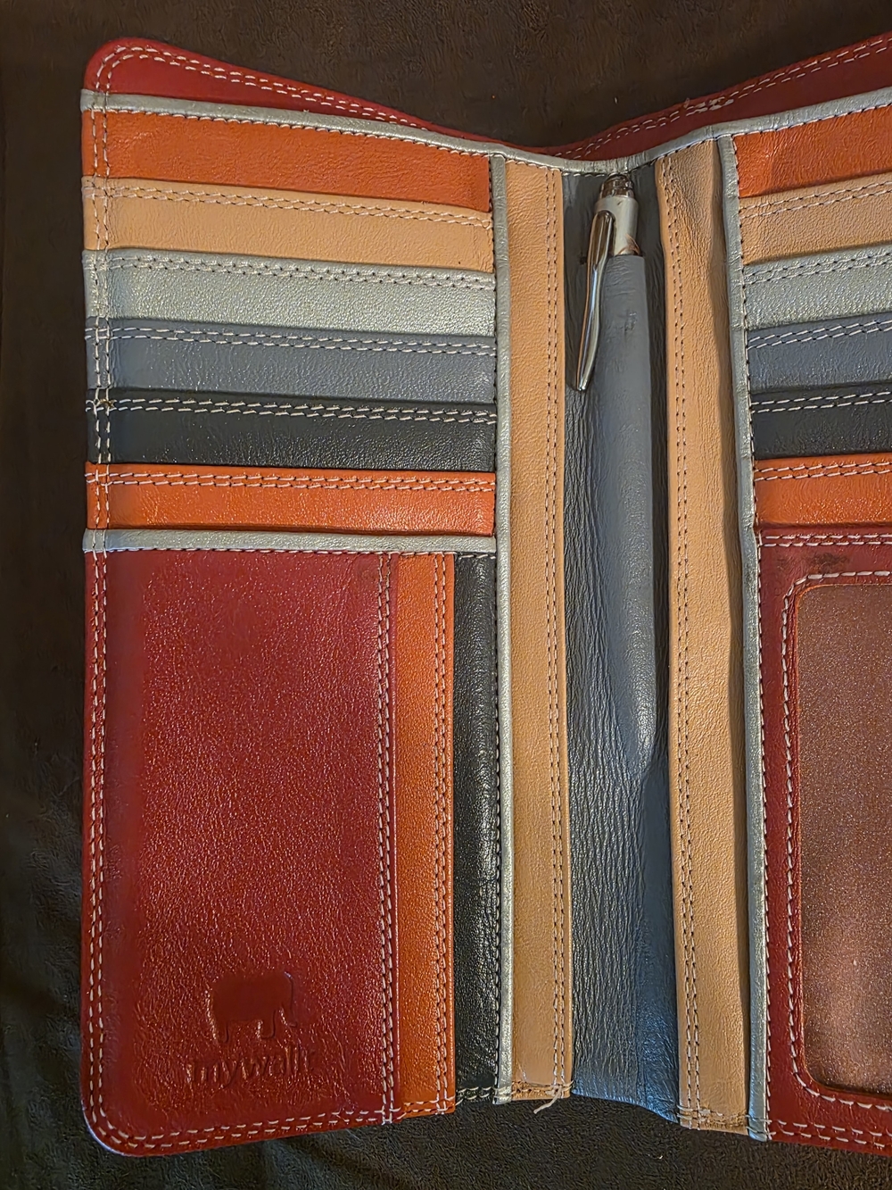 Mywalit | Large Leather Trifold Wallet | Gray Orange Red | 12 Card Slots 👛 - Picture 8 of 15